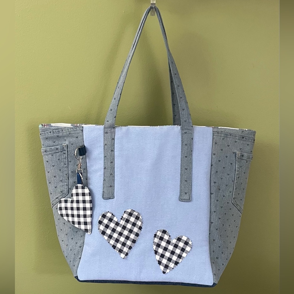 Handmade One Of A Kind Denim Heart Accents Upcycled Fabric Shoulder Tote Bag 💙 - Picture 4 of 11